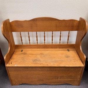 Vintage Wooden Lift Top Storage Bench Spindle Back FLAWED