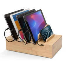 Wooden Charging Station Organizer - 5-Port Base for Phones, Tablets and Lapto...