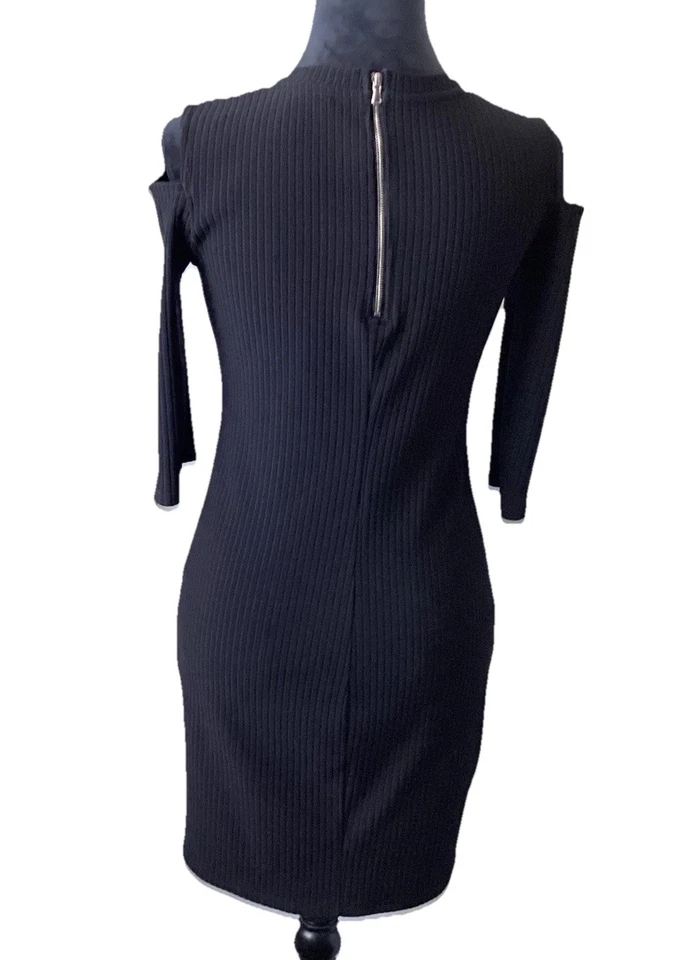 Forever 21 Black Bodycon Stretch Ribbed Crew Neck 3 Qtr Sleeve Med  Short Dress - Image 4 of 4