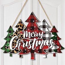 Merry Christmas Door Sign Buffalo Plaid Tree Sign Wood Christmas Decoration F...