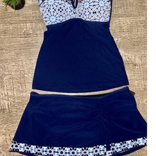 Gottex Blue Mosaic Tankini Swimdress Skirt Set Sz 8  Retro Chic Modest Swimsuit