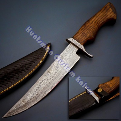 Rare Found Custom Made Hand Forged Damascus Steel BOWIE with Wooden Block Grip