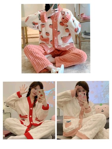 Women Pajama Set Long Sleeve Rest Sleepwear Warm Flannel Thick Buttons Cardigan