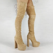 Women Platform Over Knee Boots Side Zip Faux Suede Chunky Block Heels Boots Shoe