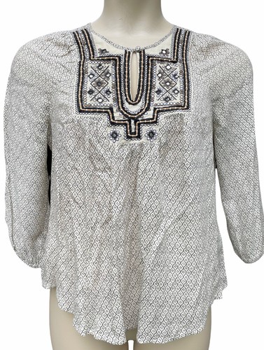 Lucky Brand Boho Peasant Blouse Top Size S Festival Embroidered Brown Cream - Picture 2 of 8