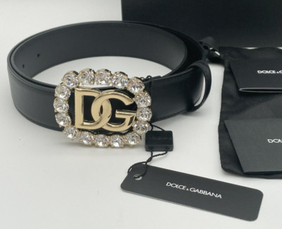 【美品】DOLCE & GABBANA ブラック　ベルト $900 NEW DOLCE & GABBANA CRYSTAL LOGO DG BLACK LEATHER BELT