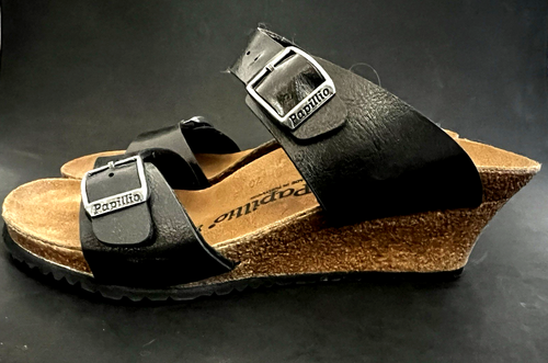 Birkenstock Papillio Dorothy Sandals Metallic Black Wedge Heels Buckle 37/US 6 - Picture 2 of 11