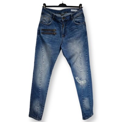 ADRIAN HAMMOND ORLANDO DESTROYED DISTRESSED CINCH BACK BLUE DENIM JEANS. GRÖS...