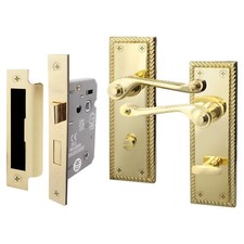 Polished Brass Georgian Scroll Door Handles, Bathroom, Latch & Key Lock Sets