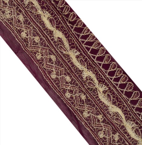 Sanskriti Vintage Saree Border Hand Beaded 1 Yd Trims Lace 2.5"W Floral Maroon - Picture 6 of 6