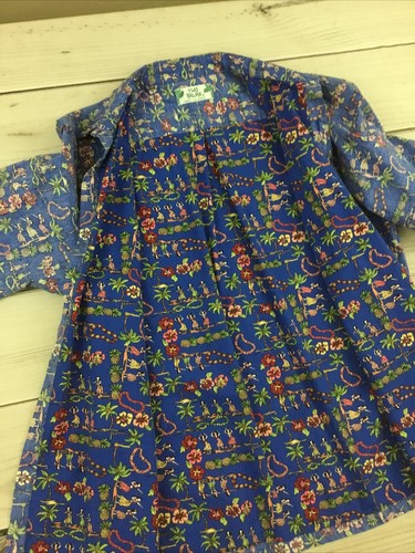Vintage zwei Palmen Herren Hawaii Reverse Print Hemd Ananas Hula Mädchen kein Größenetikett - Bild 4 von 12