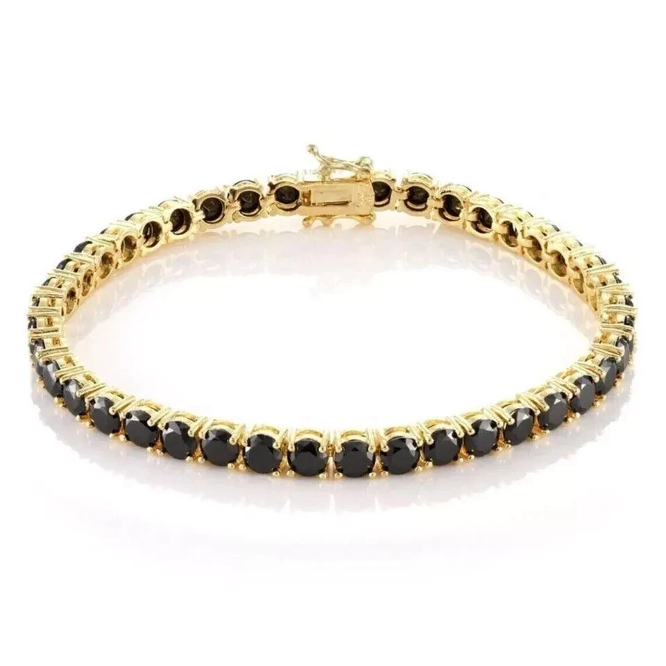 Brazalete de tenis de 7" chapado en oro amarillo de 14 quilates con diamantes simulados negros de 12 quilates en plata Foto 2 de 4