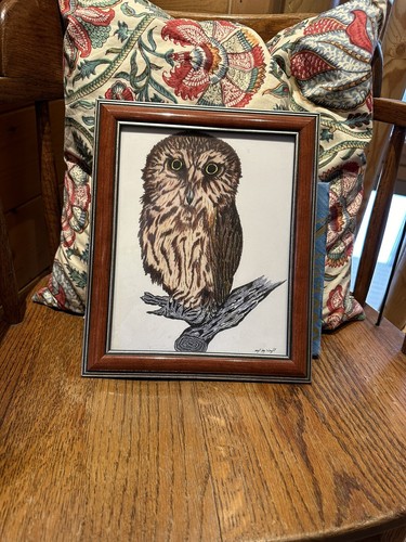 Vtg Northern Saw-Whet Owl Real Art Deco Drawing Painting Signed Capt Jay Wright - Picture 8 of 12