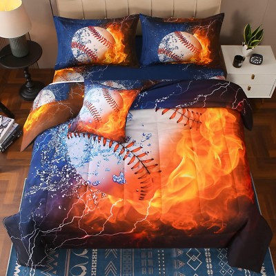 Twin Baseball and Fire Comforter Sets for Boys,6 Piece Bed in a Bag 3D  Sport The