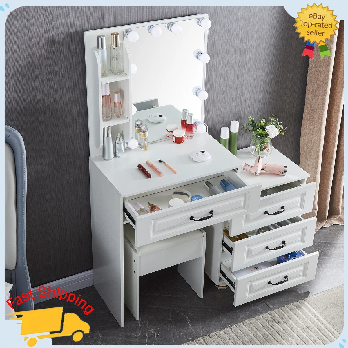 Lighted Makeup Dressing Vanity Table Stool Set w 10 LED Light Hollywood Mirror