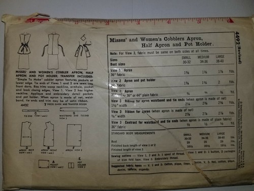 Cobbler Apron Pot Holder 1/2 Apron Pattern Sewing Size M Cut VTG Simplicity 4492 - Picture 2 of 5