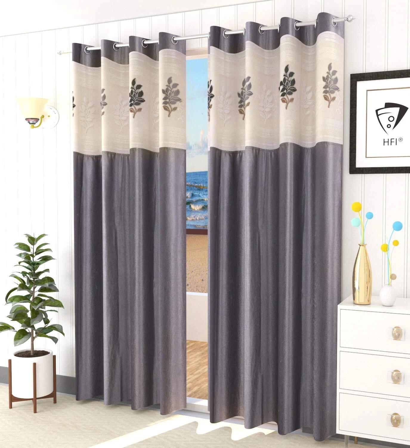 Ensemble De Rideaux De Porte Premium En 2 Pièces Avec Filet Floral 7 Pieds Gris