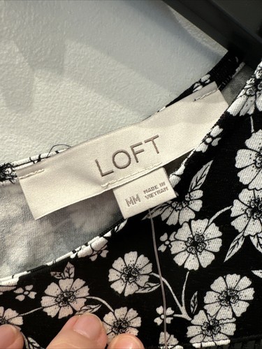 NWT MATERNITY LOFT MED Black White Floral Print Flutter Sleeve Shift Swing Dress - Picture 6 of 9