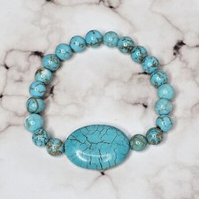 8mm Blue Turquoise Gemstone Bead Stretchy Bracelet 6"-6 1/4" AAA Polished Stone
