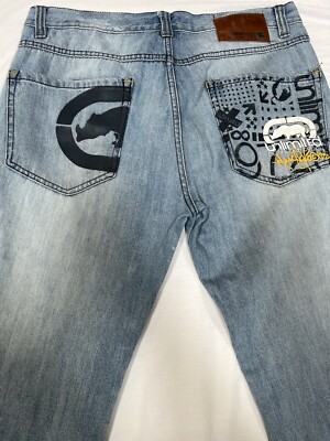 Ecko Unlimited Jeans Men's 36x32 Blue Light Wash Straight Leg RARE Distressed ME