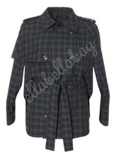 Topshop Premium Navy Green Blackwatch Tartan Plaid Belted Vintage Cape Uk10 12
