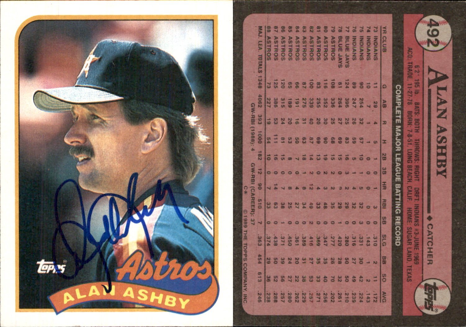 Alan Ashby Signed 1989 Topps #492 Card Houston Astros *Autograph Den* Auto AU