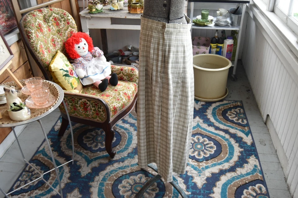 Falda a Cuadros Vintage Años 80 Stanley Mezcla de Lino Negro Beige y Blanco Talla Grande Foto 4 de 4