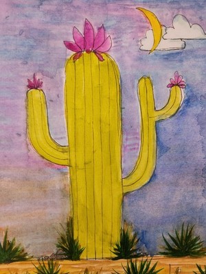 Cactus- Original Watercolor W Ink Details On Watercolor Paper, Unframed, 9 X 12''