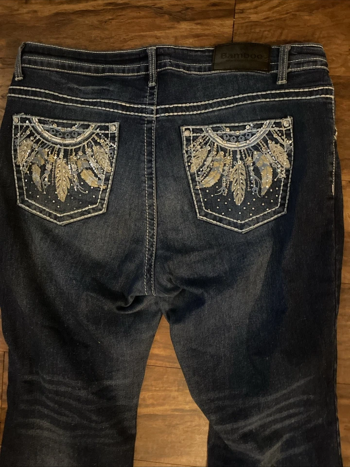 BAMBOO Colección Premium Azul JEAN Talla 15/16 Lentejuelas/Tachuelas Bolsillos Traseros Foto 2 de 4