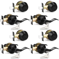 Probrico Black Front Door Handle & Single Cylinder Deadbolt Set, Keyed Alike 4-P