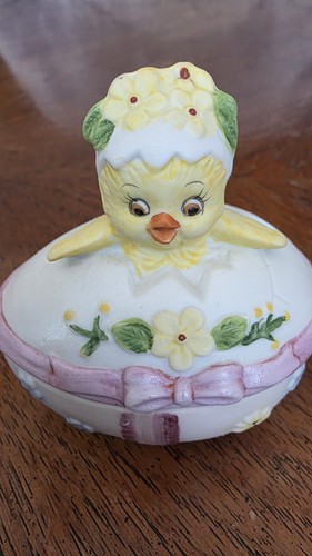 Vintage Lefton Chick Egg Trinket Ring Box Bisque Porcelain Easter Decor Japan - Picture 7 of 10