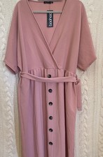Boohoo Pink Mauve 22 Dress Faux Wrap Deep V Buttons Dress Western Fairy