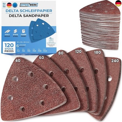 Delta Schleifpapiere - 120 Stück, 6 Löcher - 93 x 93 x 93mm Dreieck-Schleifpads