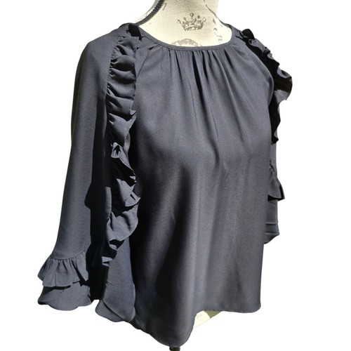 Vince Camuto -1698 Women's Ruffle Sleeve Gathered Top Blouse Black Size Small - Picture 3 of 9