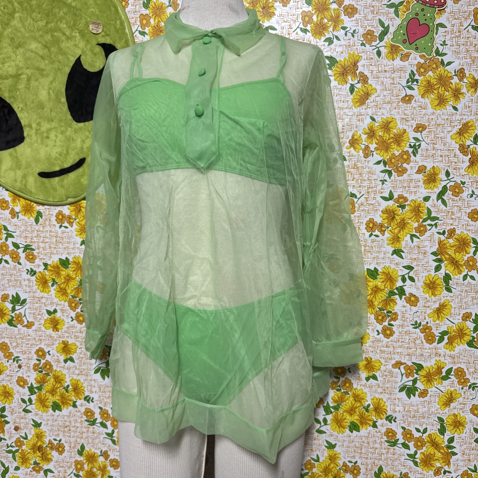 Vintage Retro Groovy Highlighter Green 3piece Lin… - image 2