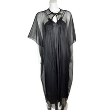Vintage Black Peignoir Set Size 34 Long Nightgown Sheer Robe Nylon Made in USA