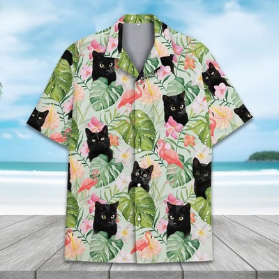 Mens Tropical Cat Flamingo Hawaiian Shirt Beach Aloha Summer Vacation Gift