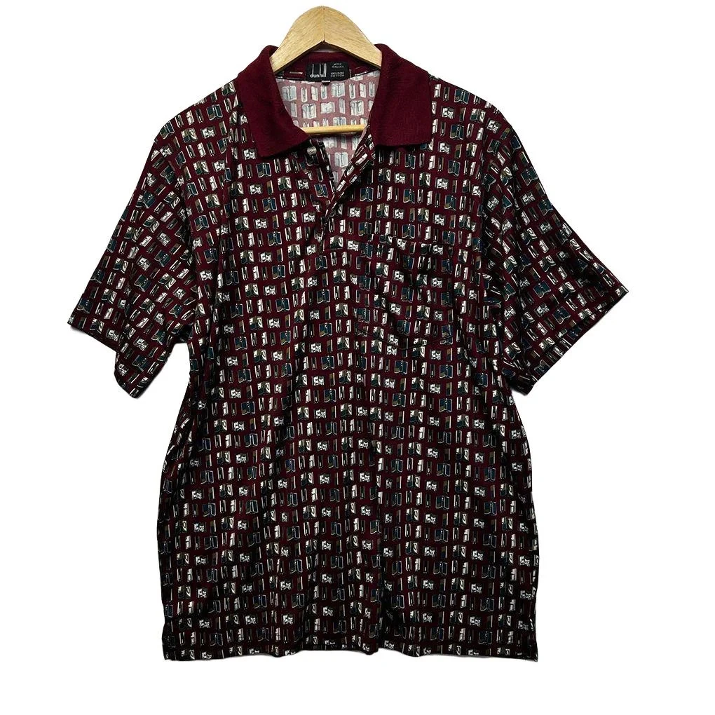 Dunhill Mens Polo Shirt Size XL Burgundy Red Book Print 100% Cotton Short Sleeve