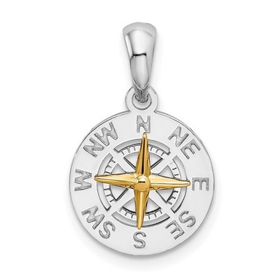 Sterling Silber poliert Mini Kompass mit 14k Gold Nadel Anhänger L-0,78 Zoll