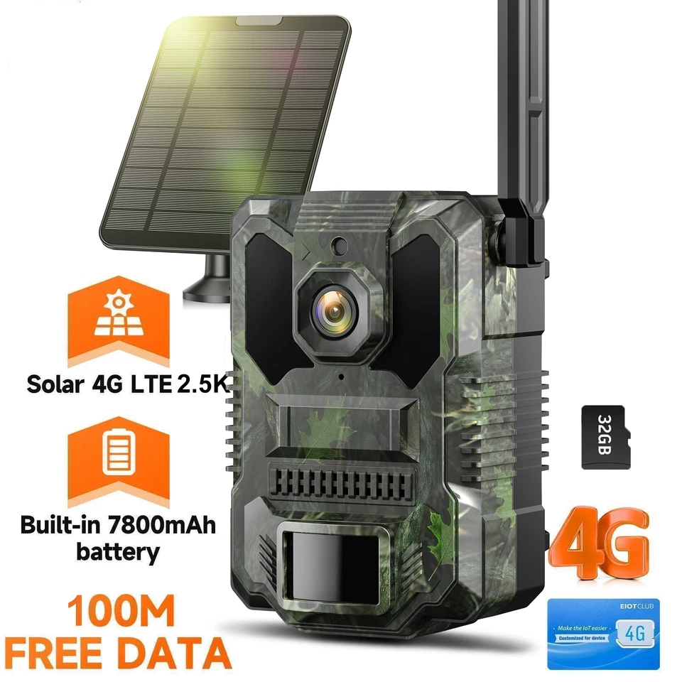 Solar 4G LTE 2.5K Cellular Trail Camera Wildlife Game with SIM Card Hunting+32G