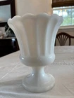 Vintage Milk Glass Vase Planter Compote Bowl Pedestal Ribbed Scalloped Edge 6"