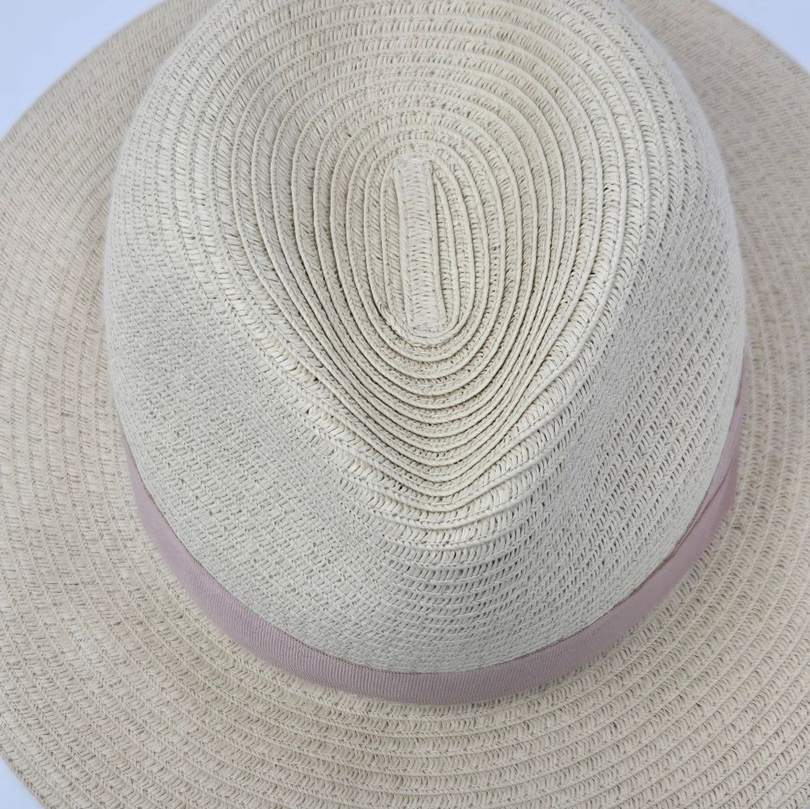 H&M NATURAL PAPER STRAW CREAM FEDORA DUSTY ROSE PINK RIBBON BAND WOMEN LARGE 58