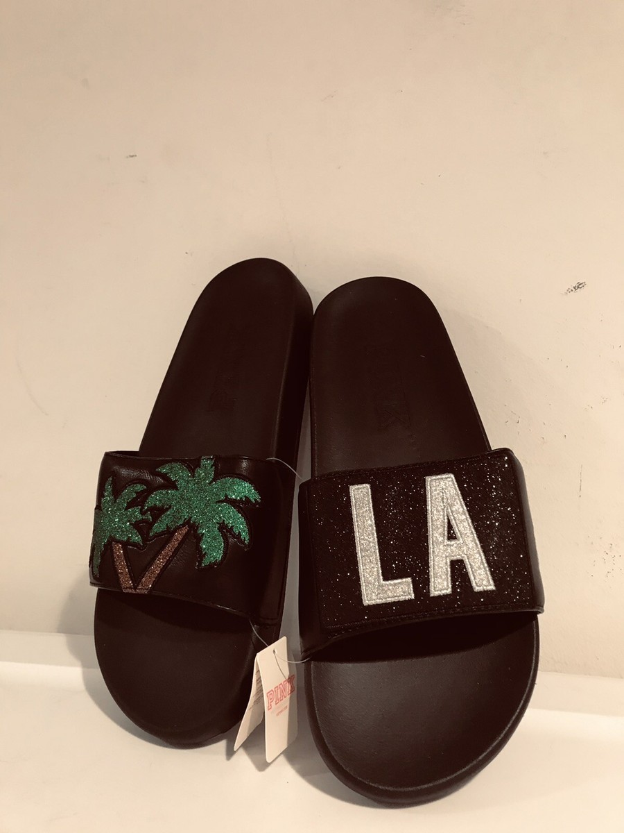 Victoria's Secret PINK LA Palm Trees Glitter Bling Slide Slipper