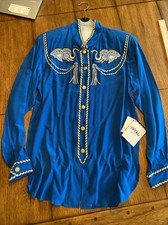 Bob Mackie Silk Tassled Elephant Shirt Blue Vintage Women's SMALL