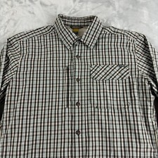 Eddie Bauer Travex Shirt Mens Medium Brown Plaid Pocket Button Up Vented Fishing