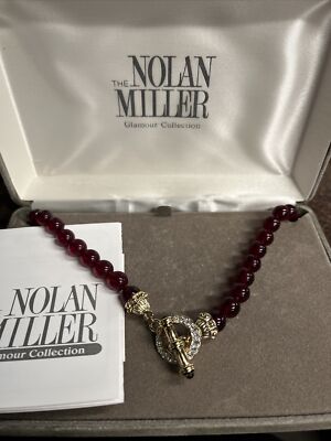 Nolan Miller Genuine Garnet Stone Dark Red Crystal Jewel Toggle Clasp Necklace 