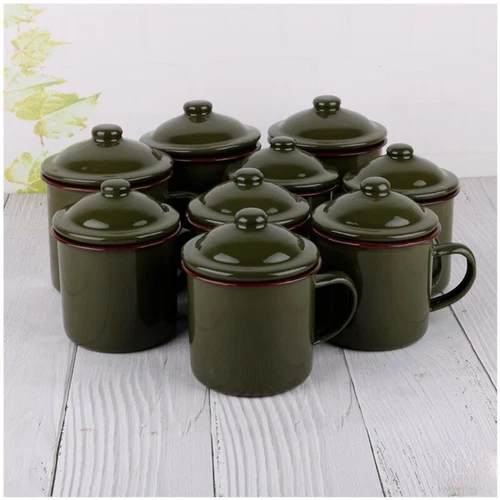 Armygreen Enamel Mug Vintage Travel Camping Tea Cup with Lid Drinkware - Imagen 6 de 7
