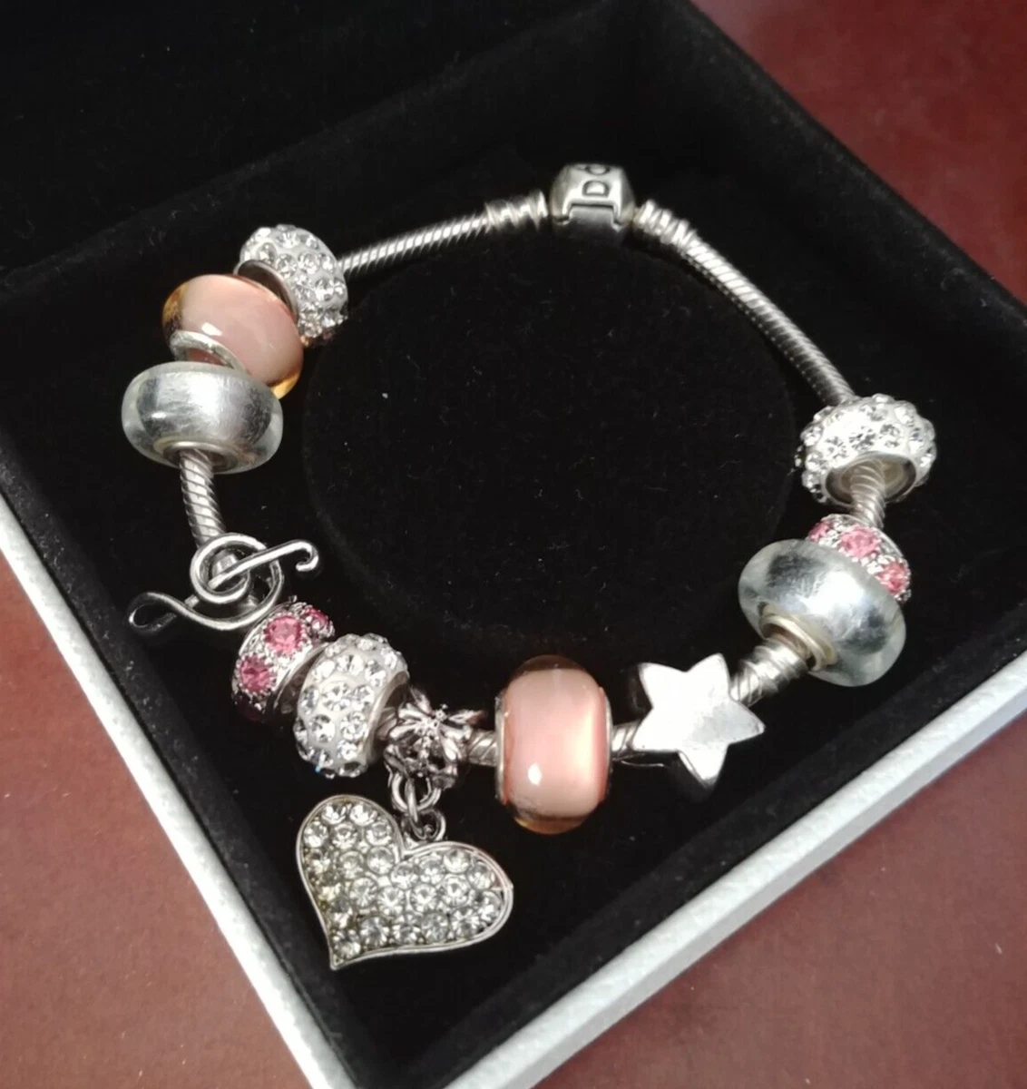 Authentic Pandora SSilver Barrel Charm Bracelet w/European Charms Beads 7.5