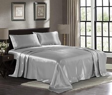 Twin Size Silver Satin Bed Sheet Set Extra Soft 1800 Microfiber Wrinkle Fade
