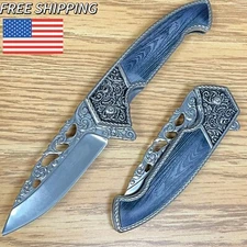 8"Wood Black Embossed Pattern Tactical Spring Assisted Folding Open Pocket Knife